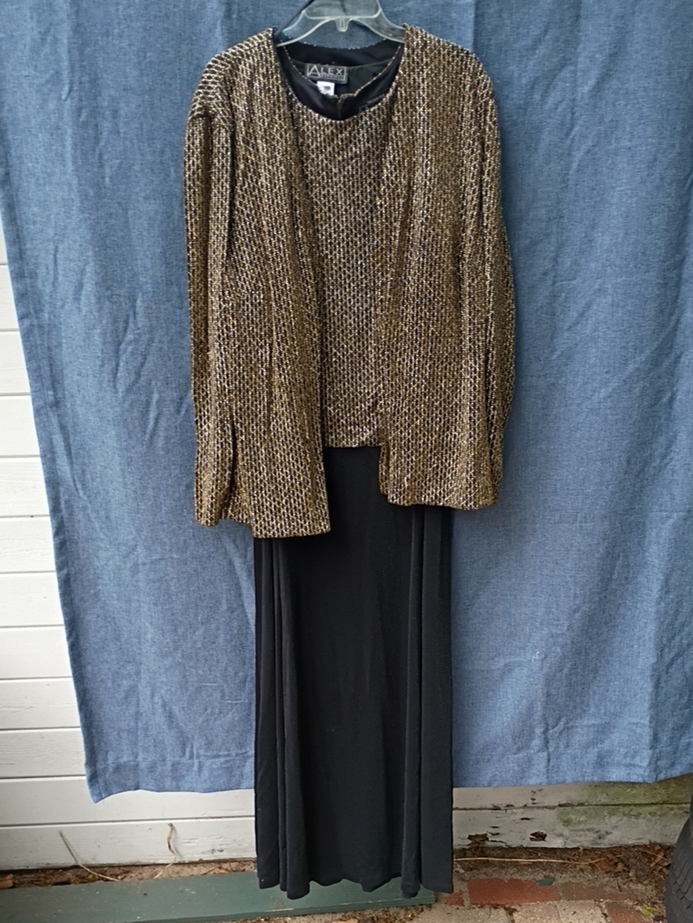Alex Evenings Gold Metallic Knit Jacket with Black Skirt Set